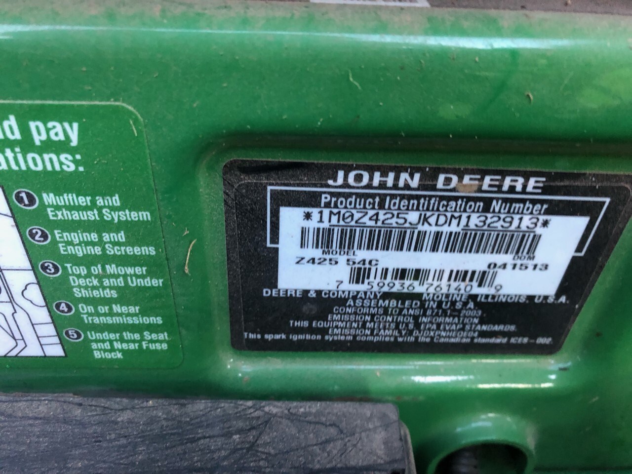 2013 John Deere Z425 Zero Turn Mower For Sale