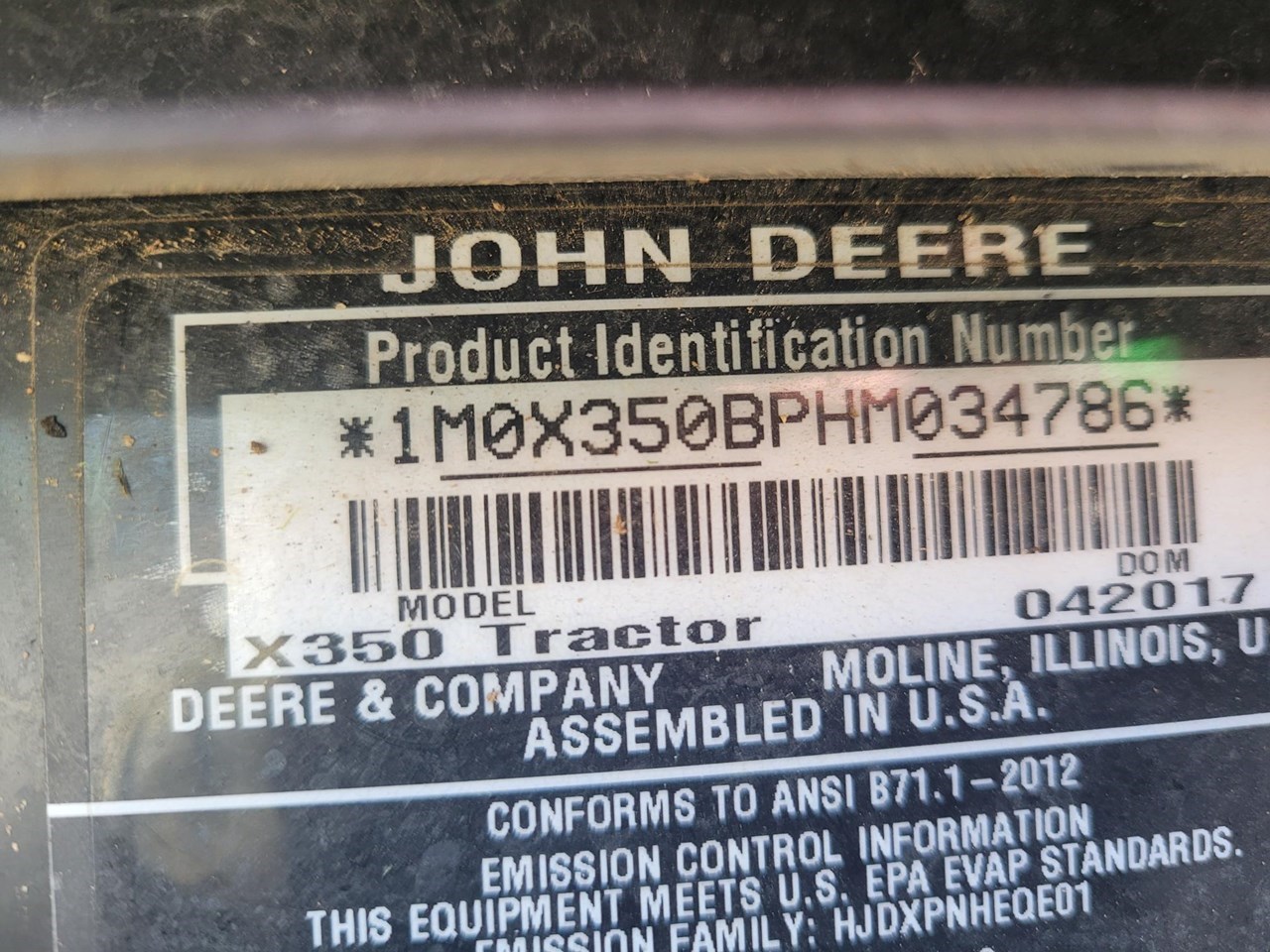 2017 John Deere X350 Lawn Mower For Sale